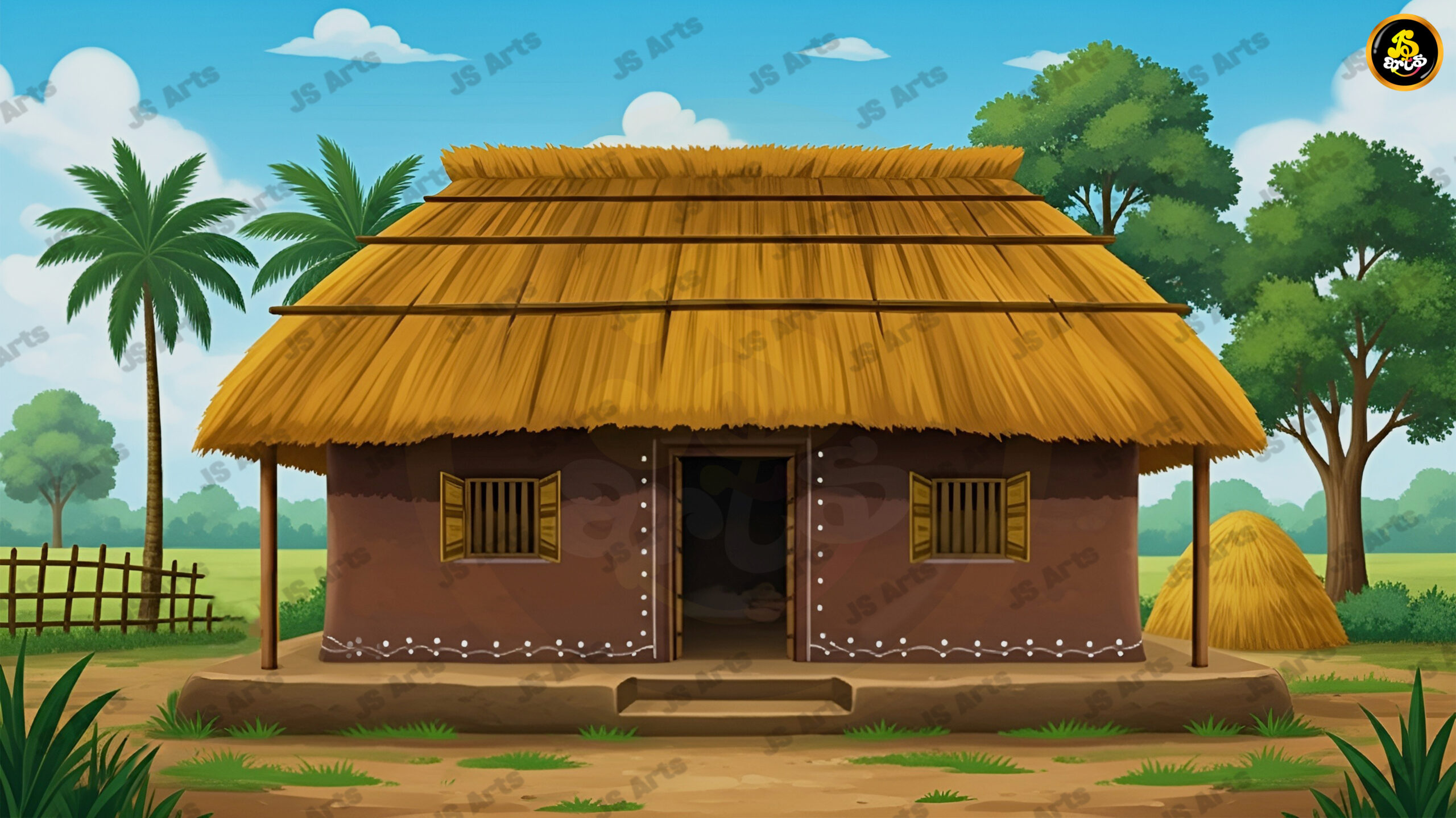 Indian Village Mud House Background – Kaccha Ghar Cartoon Scene for Animation Download (High Resolution)