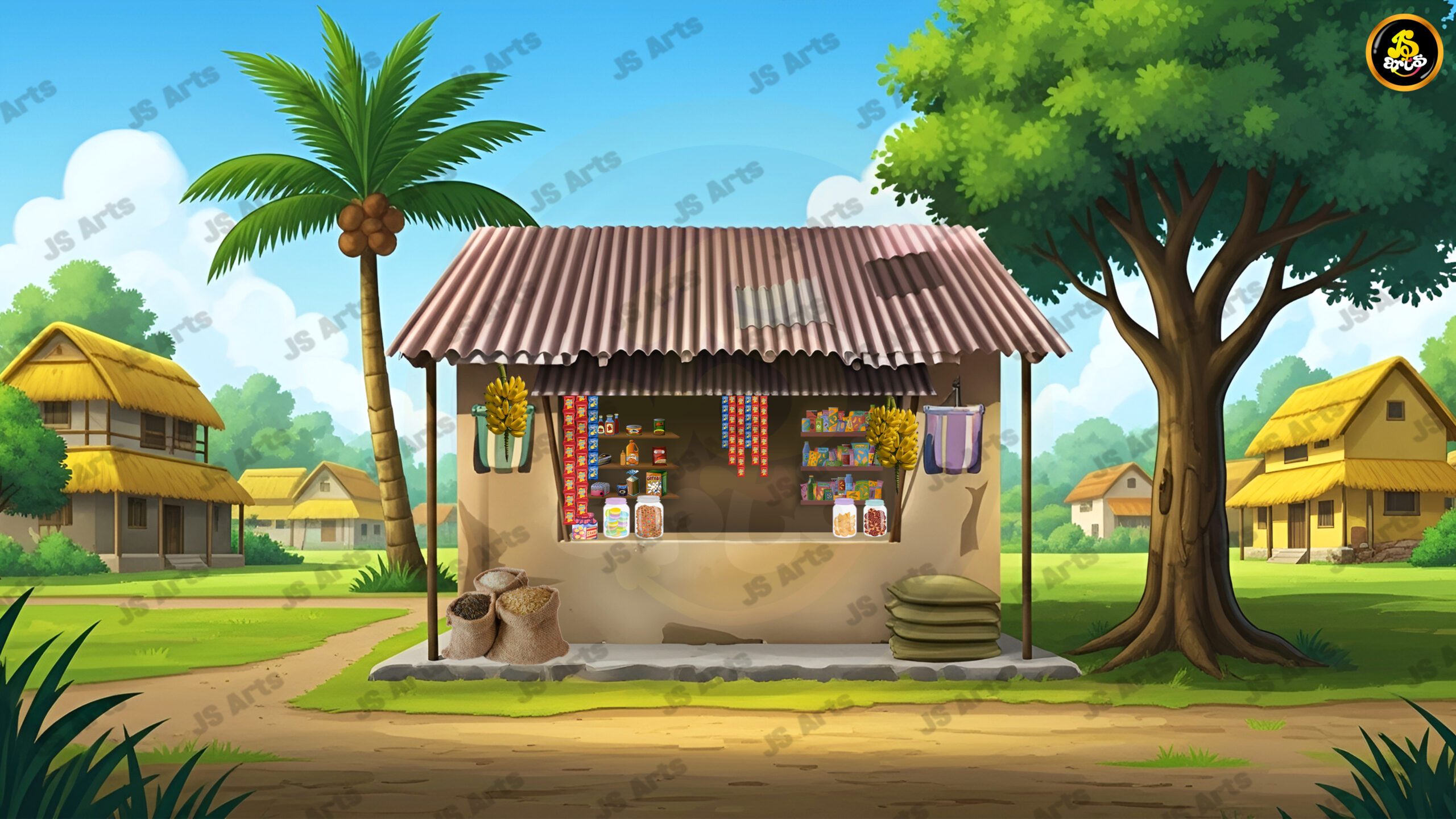 Gaon Ki Kirana Dukan – Traditional Village Shop Cartoon Background