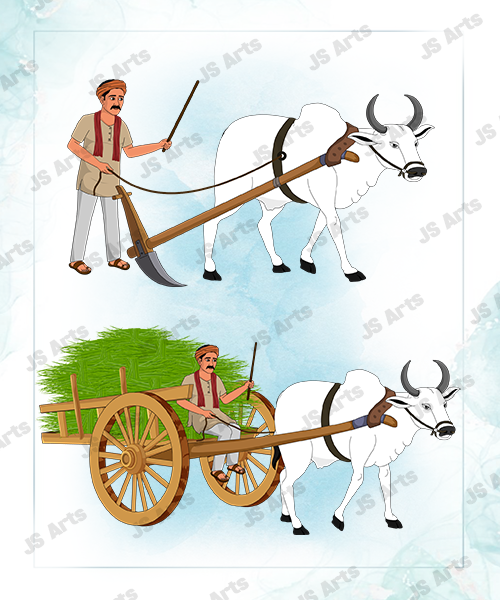 High-quality rural animation asset featuring a traditional Indian bailgadi and kisan character. Best for cartoon stories, village scenes, and YouTube animations.